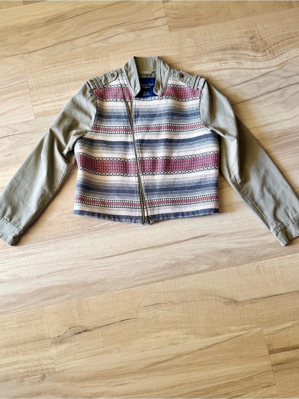 American Eagle Outfitters Striped Front Zip Jacket in Tan and Red Accents